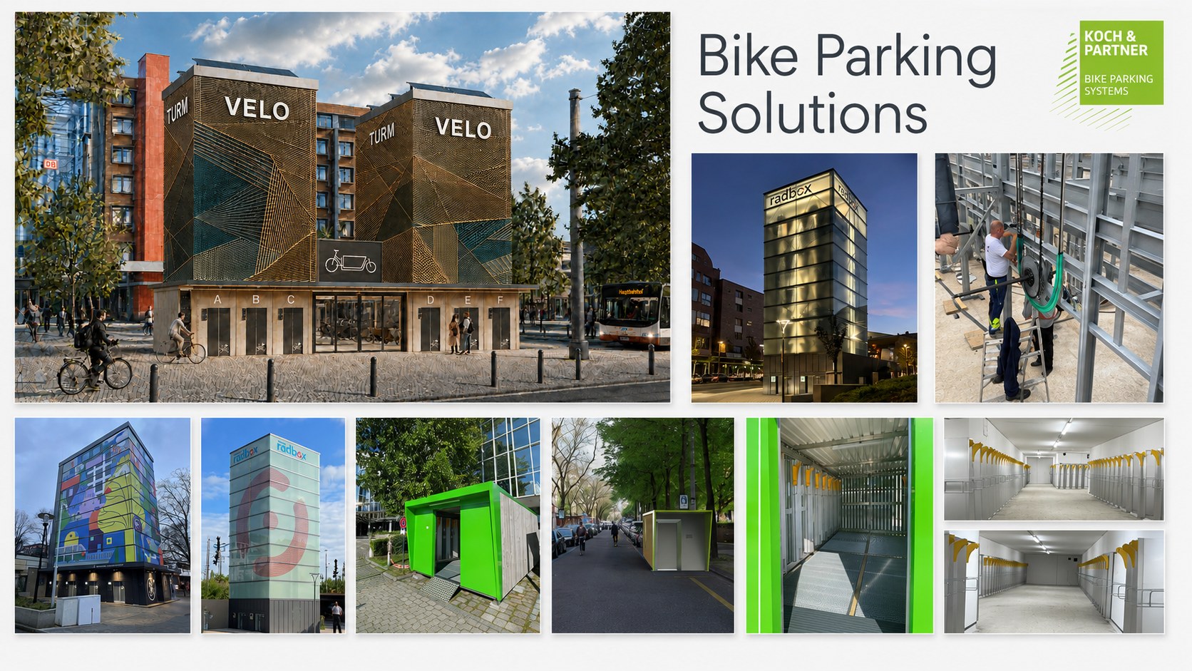 Bike Parking Solutions Übersicht mit Bike Safe Tower, Bike Parking Locker, Bike Parking Lift und Referenzanlagen